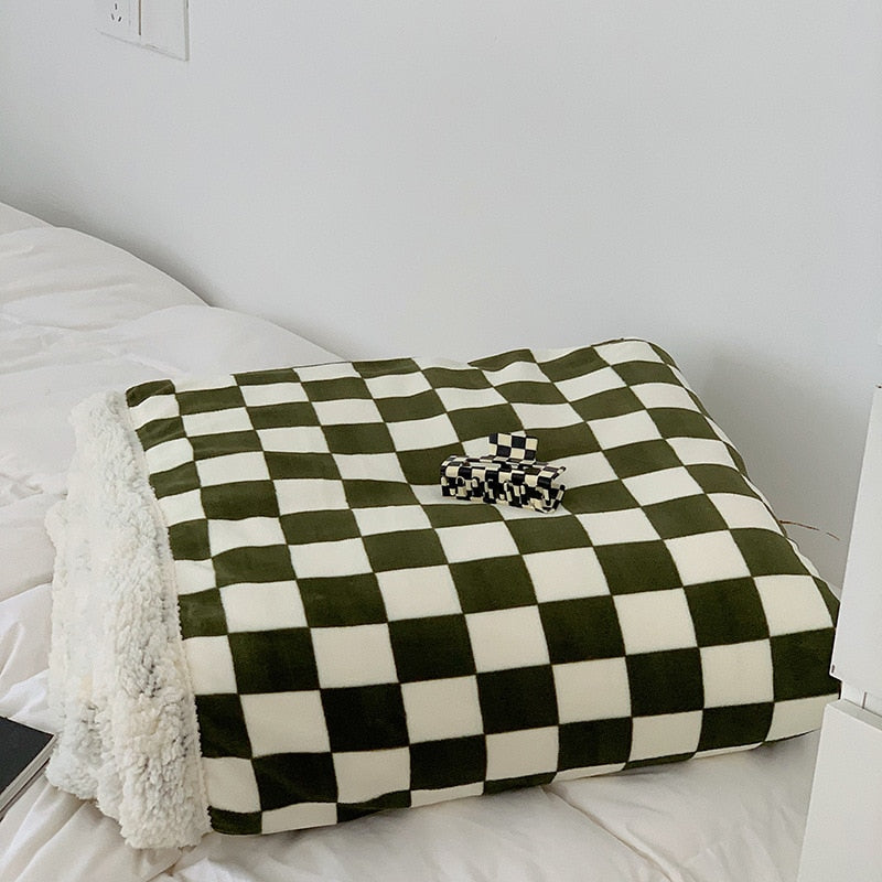 Thick Plush Checkerboard Throw Blanket in Black Green Yellow Red | Thick Checkerboard Plush Warmth | Throw Blankets
