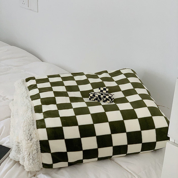 Thick Plush Checkerboard Throw Blanket in Black Green Yellow Red | Thick Checkerboard Plush Warmth | Throw Blankets