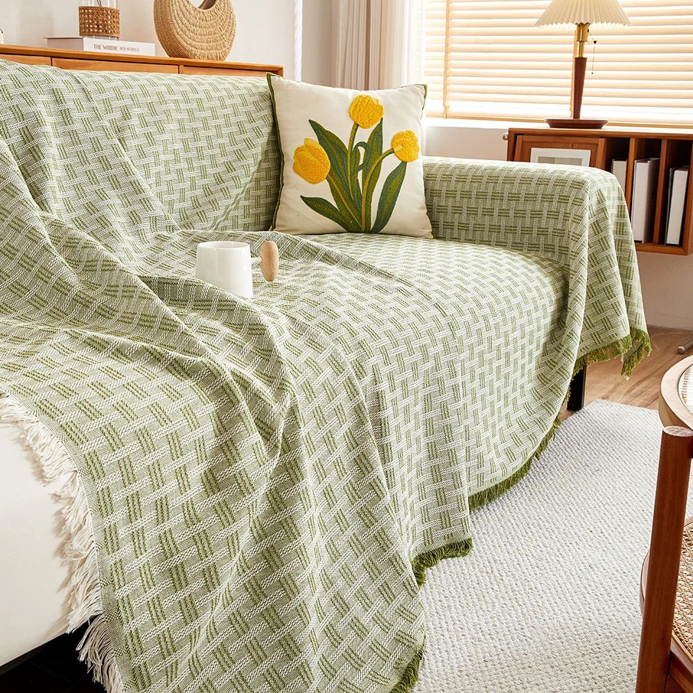 Quilted Geometric Sofa Cover with Tassels, Brushed Microfiber | Brushed Quilted Geometric Sofa Cover | Sofa Covers
