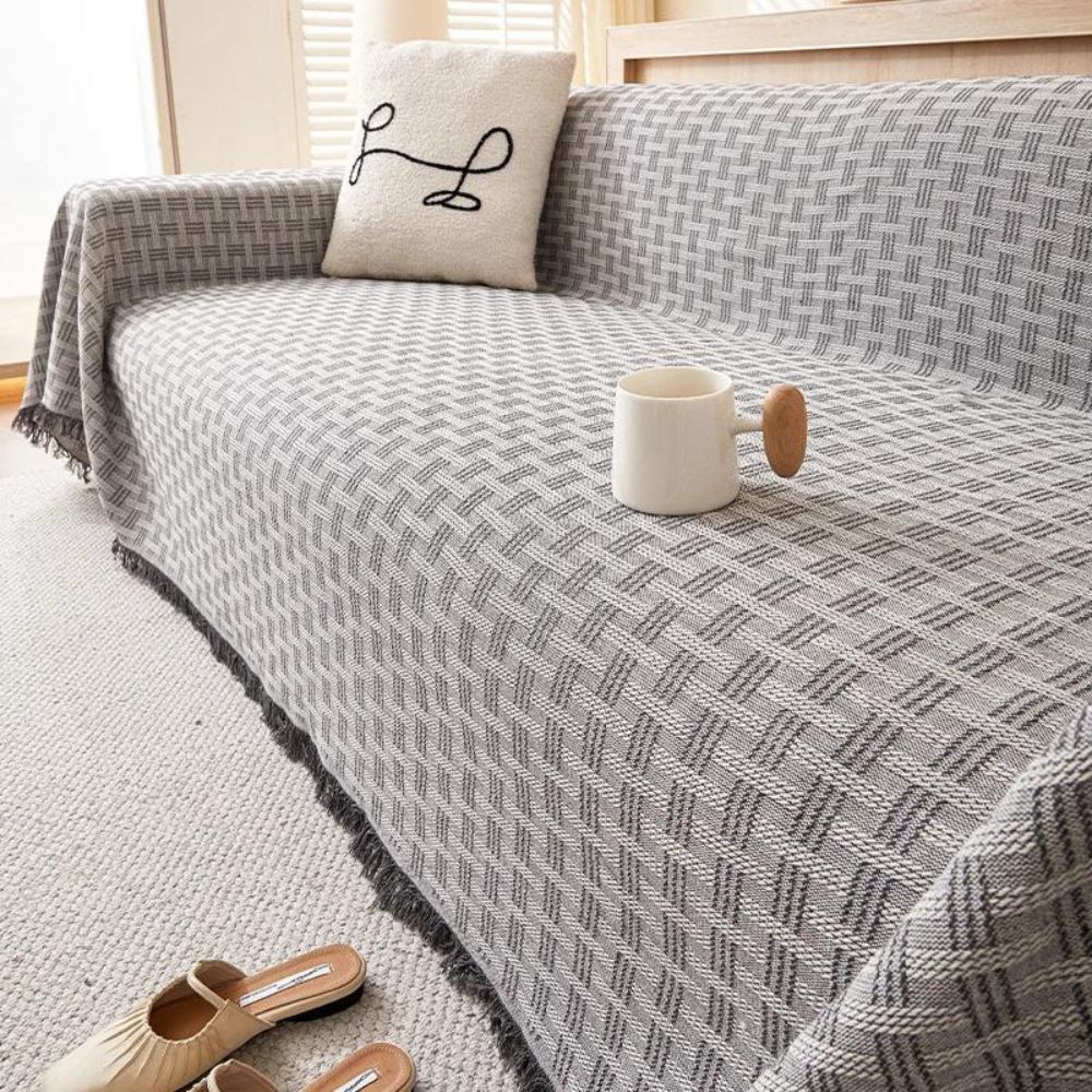 Quilted Geometric Sofa Cover with Tassels, Brushed Microfiber | Brushed Quilted Geometric Sofa Cover | Sofa Covers