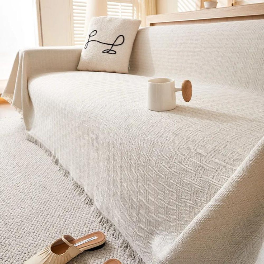 Quilted Geometric Sofa Cover with Tassels, Brushed Microfiber | Brushed Quilted Geometric Sofa Cover | Sofa Covers
