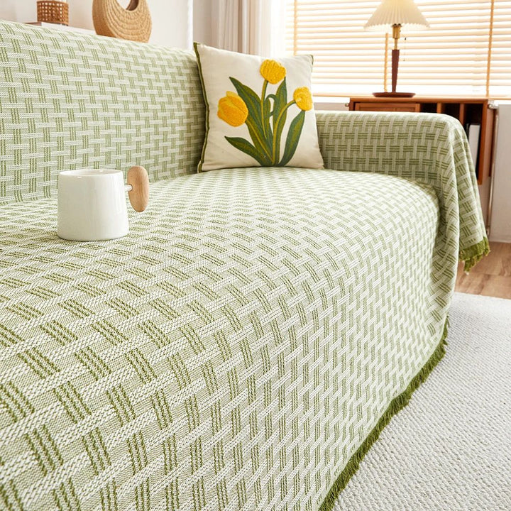 Quilted Geometric Sofa Cover with Tassels, Brushed Microfiber | Brushed Quilted Geometric Sofa Cover | Sofa Covers