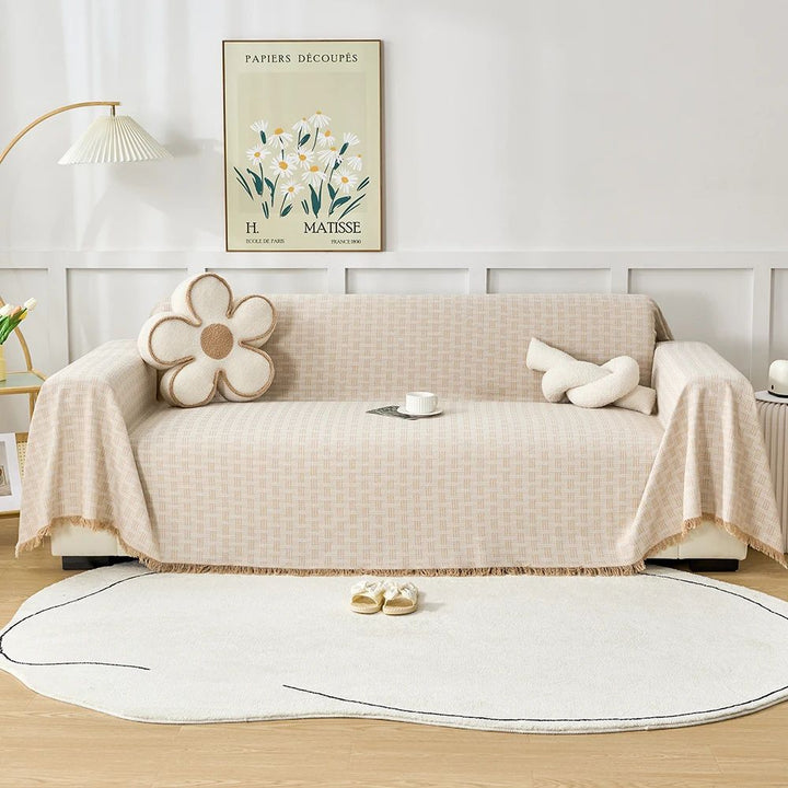Quilted Geometric Sofa Cover with Tassels, Brushed Microfiber | Brushed Quilted Geometric Sofa Cover | Sofa Covers