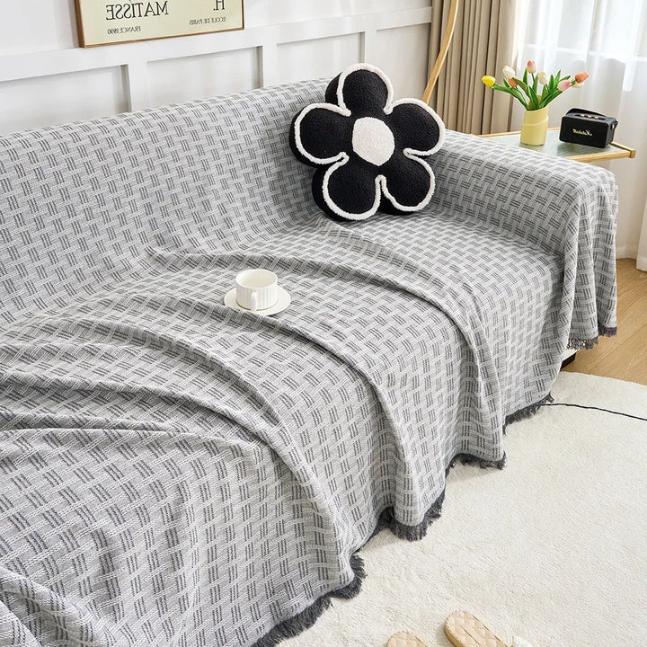 Quilted Geometric Sofa Cover with Tassels, Brushed Microfiber | Brushed Quilted Geometric Sofa Cover | Sofa Covers