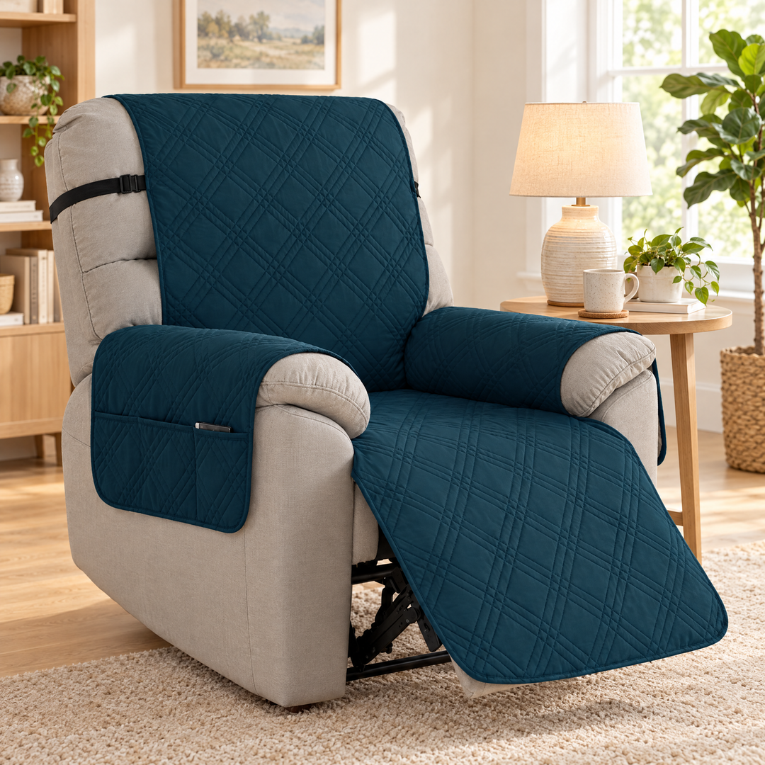 Quilted Waterproof Recliner Slipcover with Side Pocket and Elastic Band | Waterproof Recliner Cover, Fresh Look | Recliner Covers