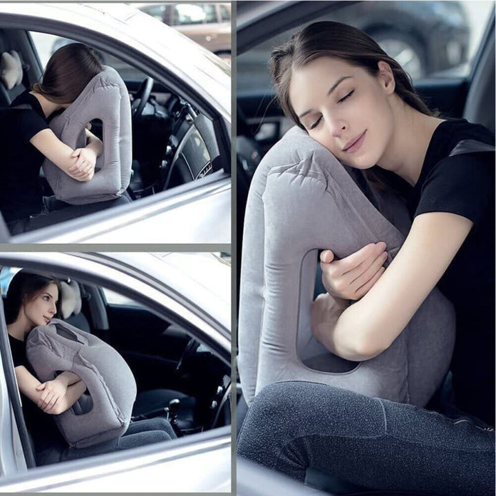 Inflatable Forward-Facing Travel Pillow with Velvety Flocking and Carry Bag | Lean-In Pillow for Long Flights | Travel Pillows