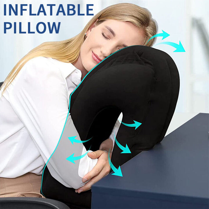 Inflatable Forward-Facing Travel Pillow with Velvety Flocking and Carry Bag | Lean-In Pillow for Long Flights | Travel Pillows