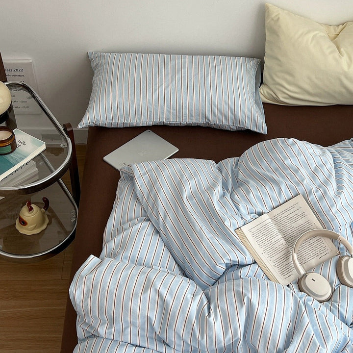 Striped Sky Blue Duvet Cover Set with Flat or Fitted Sheet Options | Sky Blue Stripes, Flat or Fitted | Bedding Sets