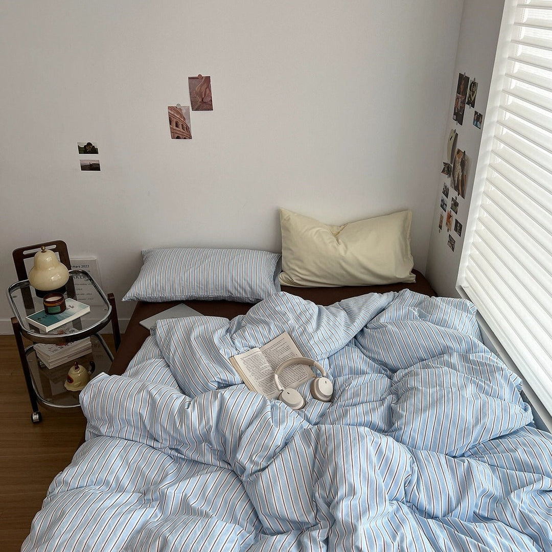 Striped Sky Blue Duvet Cover Set with Flat or Fitted Sheet Options | Sky Blue Stripes, Flat or Fitted | Bedding Sets