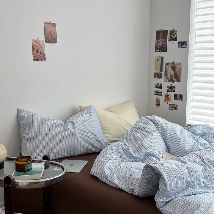Striped Sky Blue Duvet Cover Set with Flat or Fitted Sheet Options | Sky Blue Stripes, Flat or Fitted | Bedding Sets