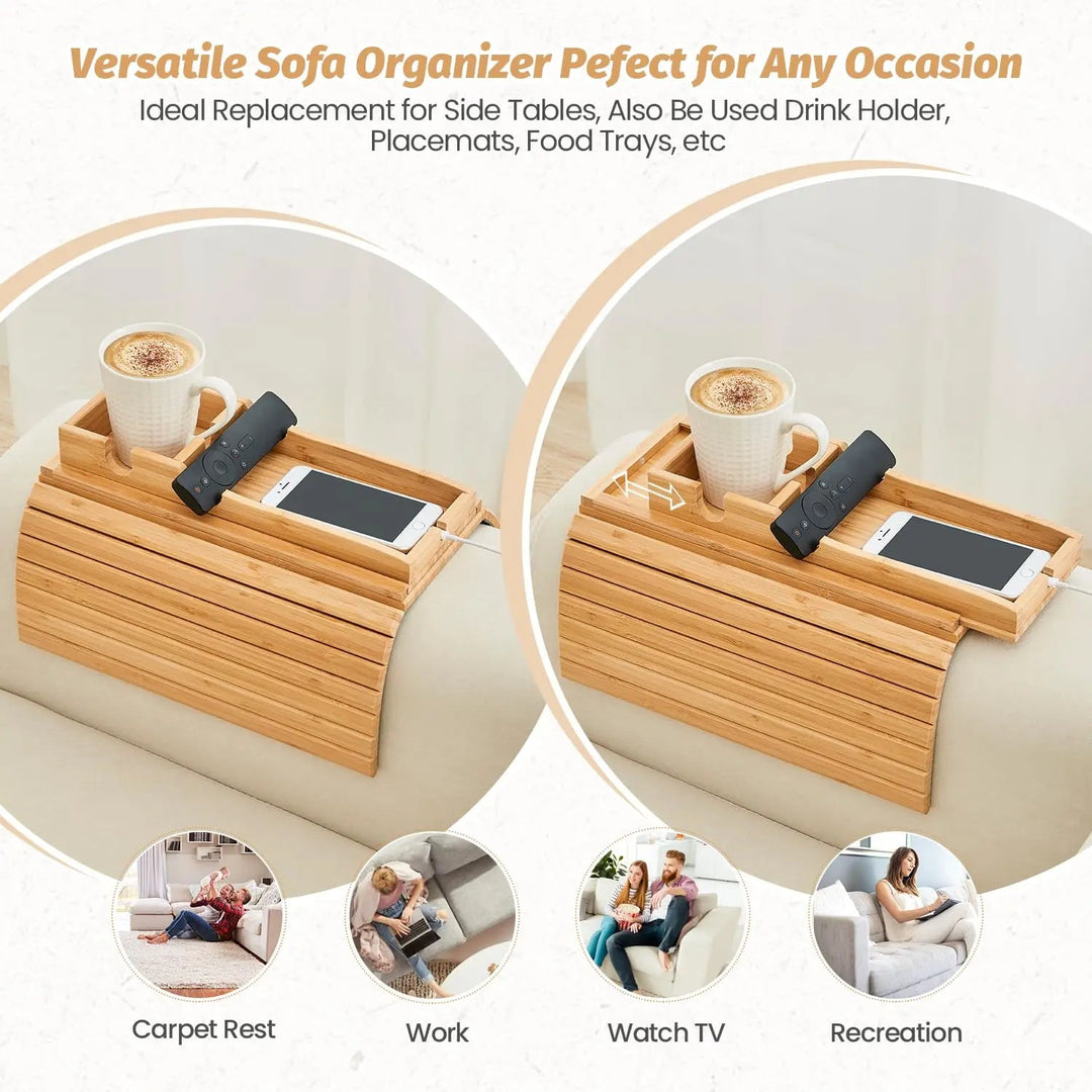 Foldable Bamboo Couch Cup Holder Tray with Anti Slip Base and Side Storage | Foldable Armrest Snack Tray | Sofa Trays