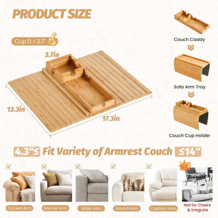 Foldable Bamboo Couch Cup Holder Tray with Anti Slip Base and Side Storage | Foldable Armrest Snack Tray | Sofa Trays