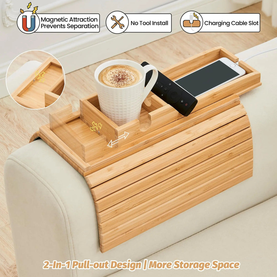Foldable Bamboo Couch Cup Holder Tray with Anti Slip Base and Side Storage | Foldable Armrest Snack Tray | Sofa Trays