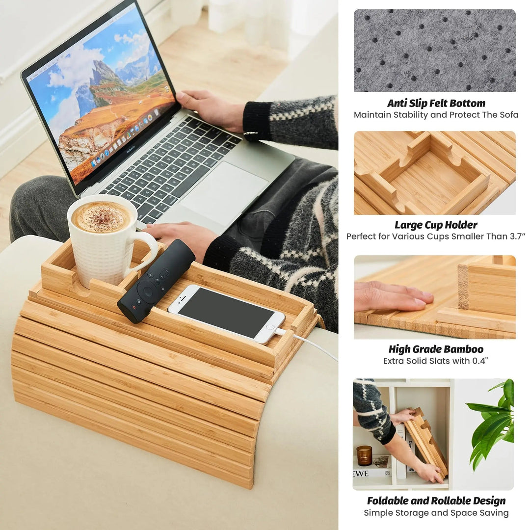 Foldable Bamboo Couch Cup Holder Tray with Anti Slip Base and Side Storage | Foldable Armrest Snack Tray | Sofa Trays