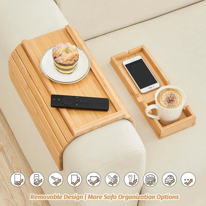 Foldable Bamboo Couch Cup Holder Tray with Anti Slip Base and Side Storage | Foldable Armrest Snack Tray | Sofa Trays