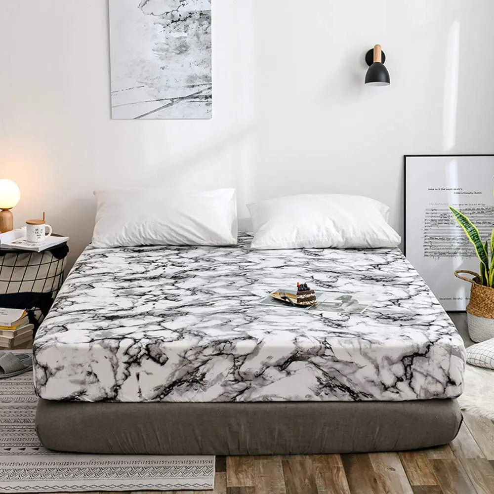 Marble Print Microfiber Fitted Sheet Set with Deep Pocket Elastic | Marble-Look Fitted Sheet That Stays Put | Fitted Sheets
