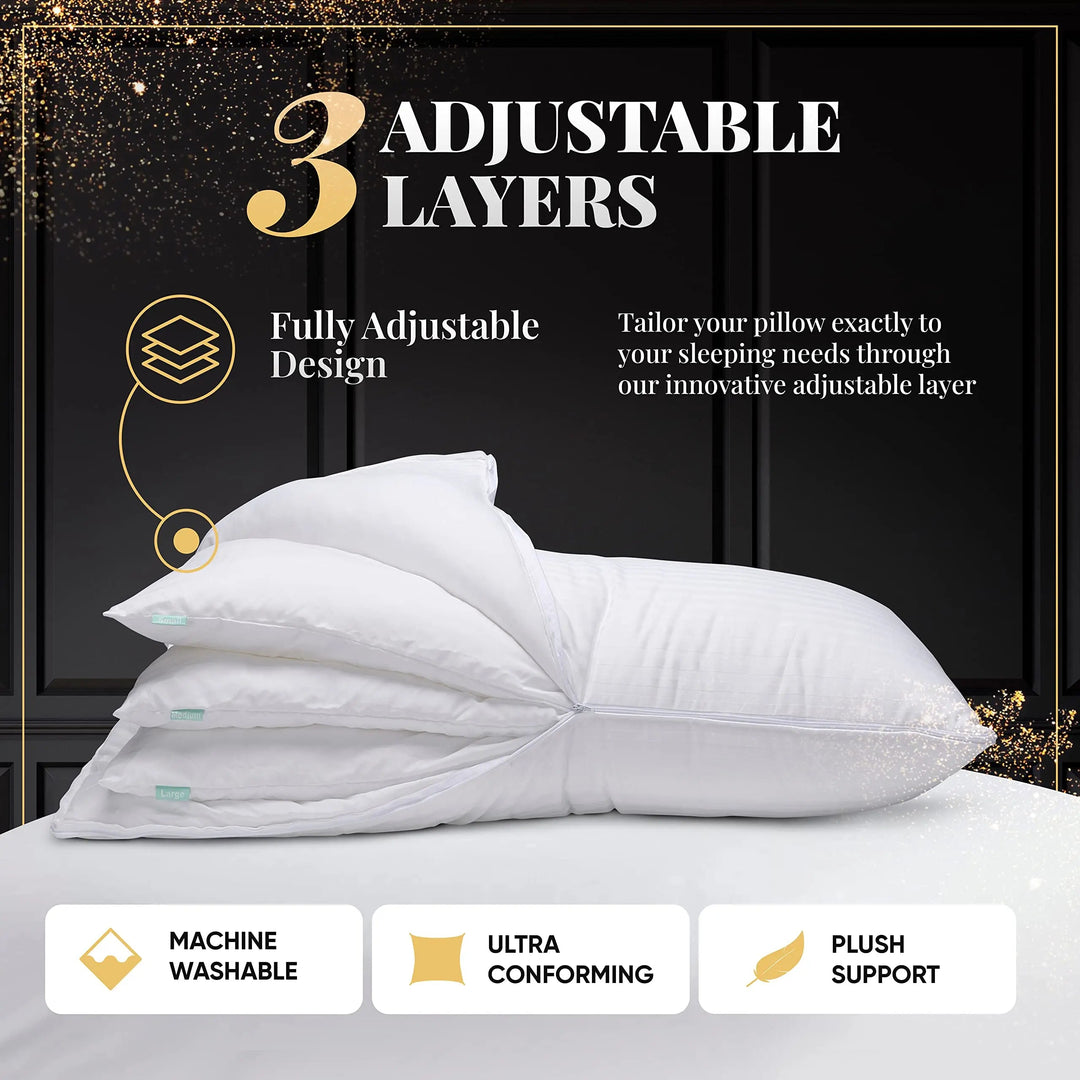 Luxury Adjustable Layer Cooling Pillow, Queen 50x75cm, Add or Remove Fill | Adjust Height and Firmness | Bed Pillows