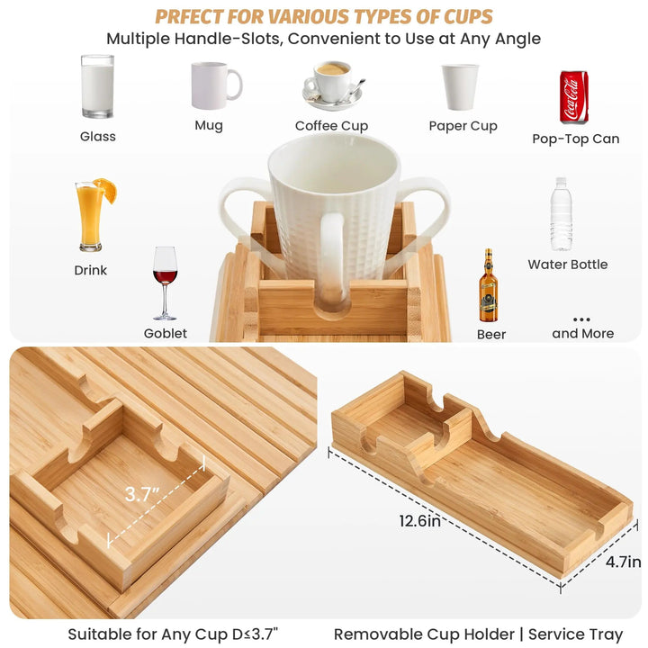 Foldable Bamboo Couch Cup Holder Tray with Anti Slip Base and Side Storage | Foldable Armrest Snack Tray | Sofa Trays