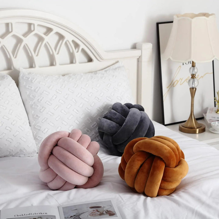 Hand-Woven Nordic Knot Ball Throw Pillow in Lamb Wool Style Fabric | Sculptural Knotted Cushion | Decorative Pillows
