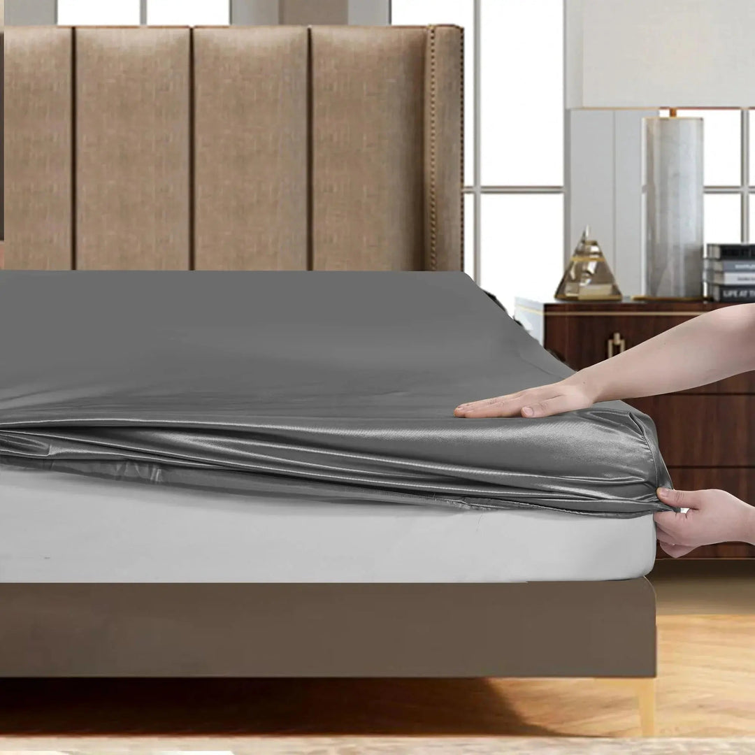 Solid Gray Satin Silk-Finish Bedding Set with Duvet Cover and Sheet | Hotel-Style Satin Smoothness | Bedding Sets