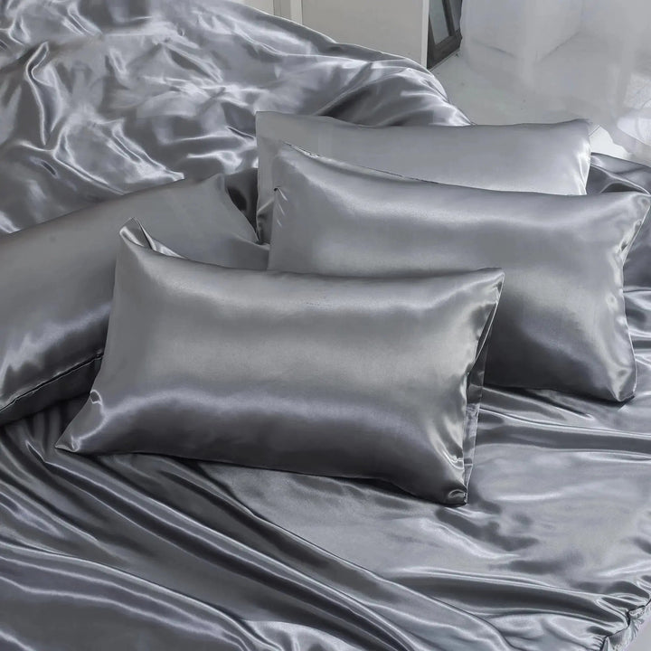Solid Gray Satin Silk-Finish Bedding Set with Duvet Cover and Sheet | Hotel-Style Satin Smoothness | Bedding Sets