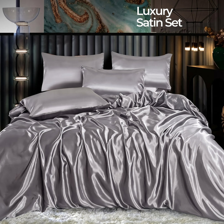 Solid Gray Satin Silk-Finish Bedding Set with Duvet Cover and Sheet | Hotel-Style Satin Smoothness | Bedding Sets