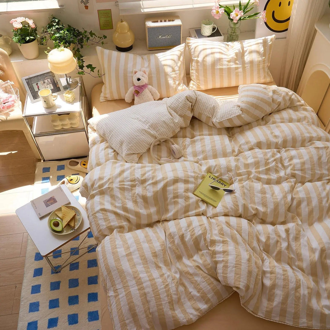 Striped Washed Cotton Crepe Quilt Set with Sheet and Pillowcases | Year-Round Textured Cotton Quilt Set | Bedding Sets