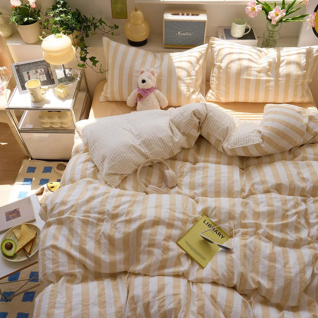 Striped Washed Cotton Crepe Quilt Set with Sheet and Pillowcases | Year-Round Textured Cotton Quilt Set | Bedding Sets