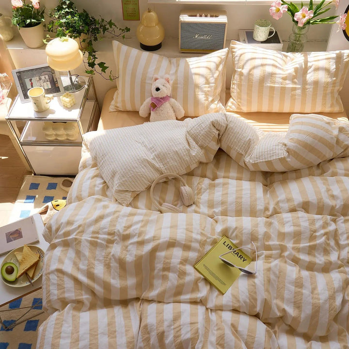 Striped Washed Cotton Crepe Quilt Set with Sheet and Pillowcases | Year-Round Textured Cotton Quilt Set | Bedding Sets