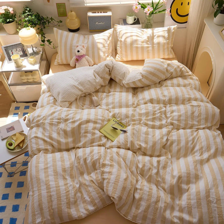 Striped Washed Cotton Crepe Quilt Set with Sheet and Pillowcases | Year-Round Textured Cotton Quilt Set | Bedding Sets