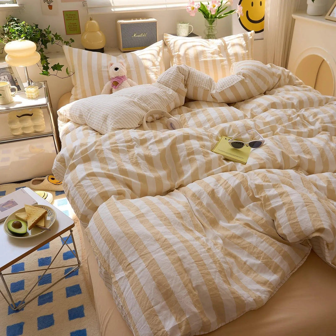 Striped Washed Cotton Crepe Quilt Set with Sheet and Pillowcases | Year-Round Textured Cotton Quilt Set | Bedding Sets
