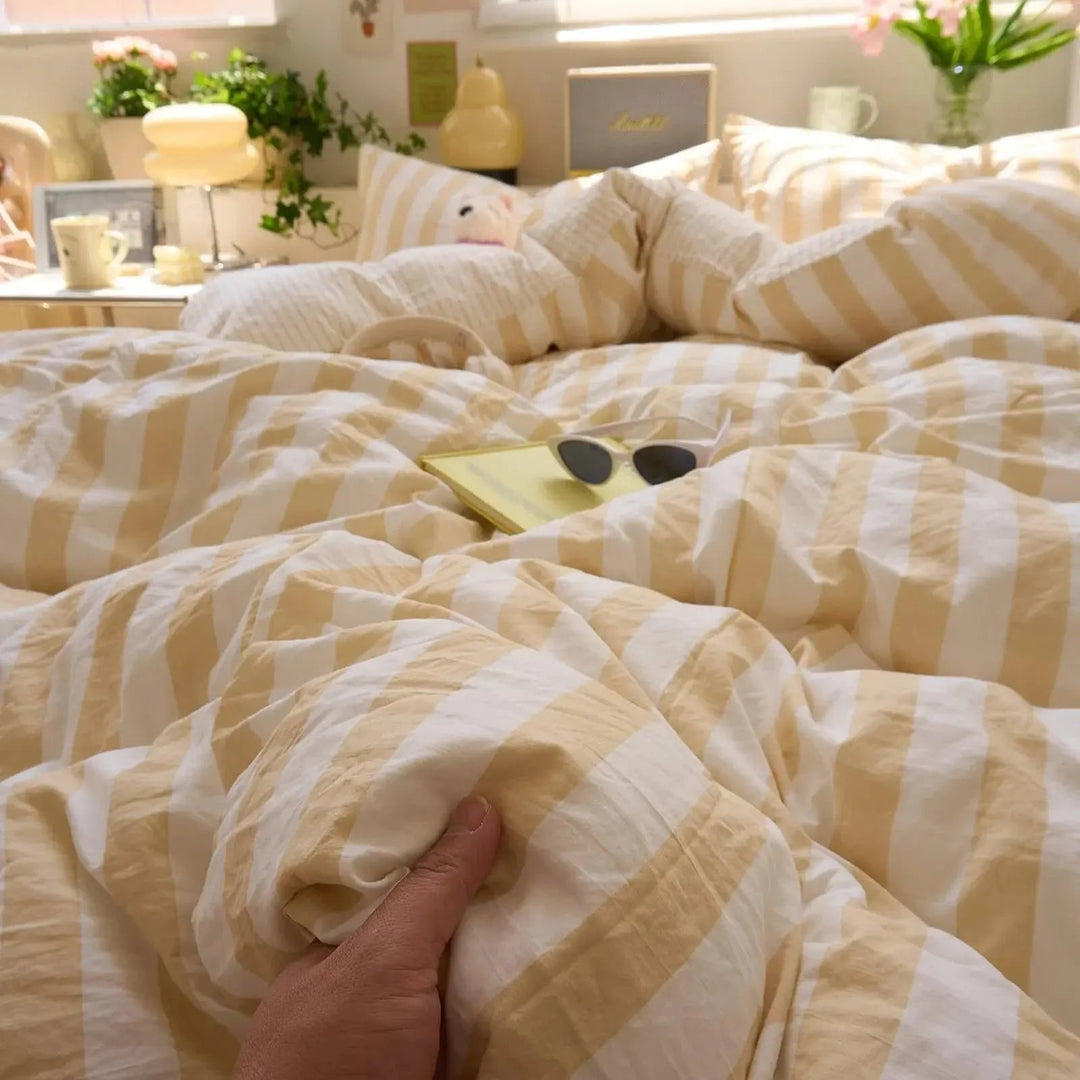Striped Washed Cotton Crepe Quilt Set with Sheet and Pillowcases | Year-Round Textured Cotton Quilt Set | Bedding Sets