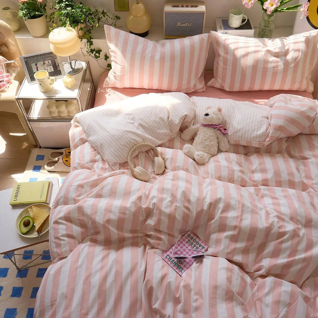 Striped Washed Cotton Crepe Quilt Set with Sheet and Pillowcases | Year-Round Textured Cotton Quilt Set | Bedding Sets