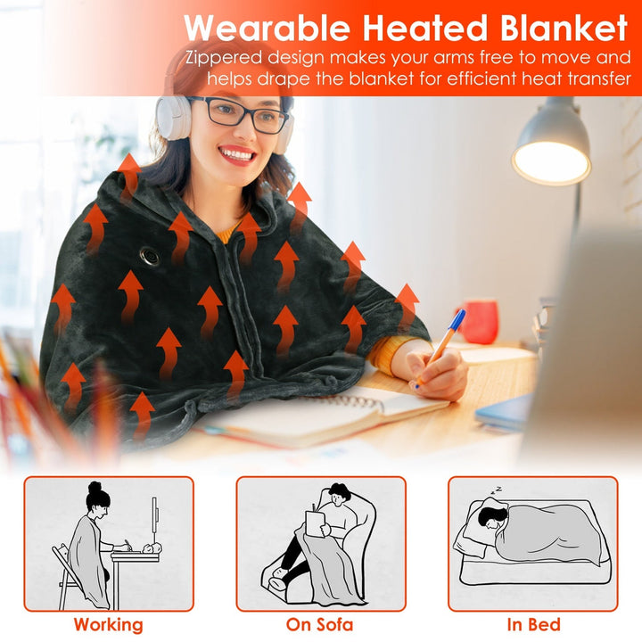 USB Wearable Heated Blanket Shawl with Zipper, 59 x 31 in Flannel Fleece | Cordless USB Shoulder Warmth | Heated Blankets