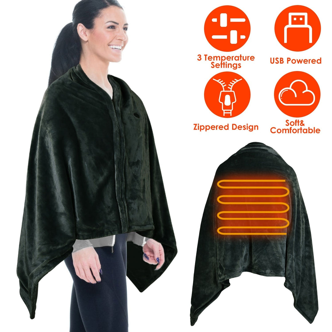 USB Wearable Heated Blanket Shawl with Zipper, 59 x 31 in Flannel Fleece | Cordless USB Shoulder Warmth | Heated Blankets