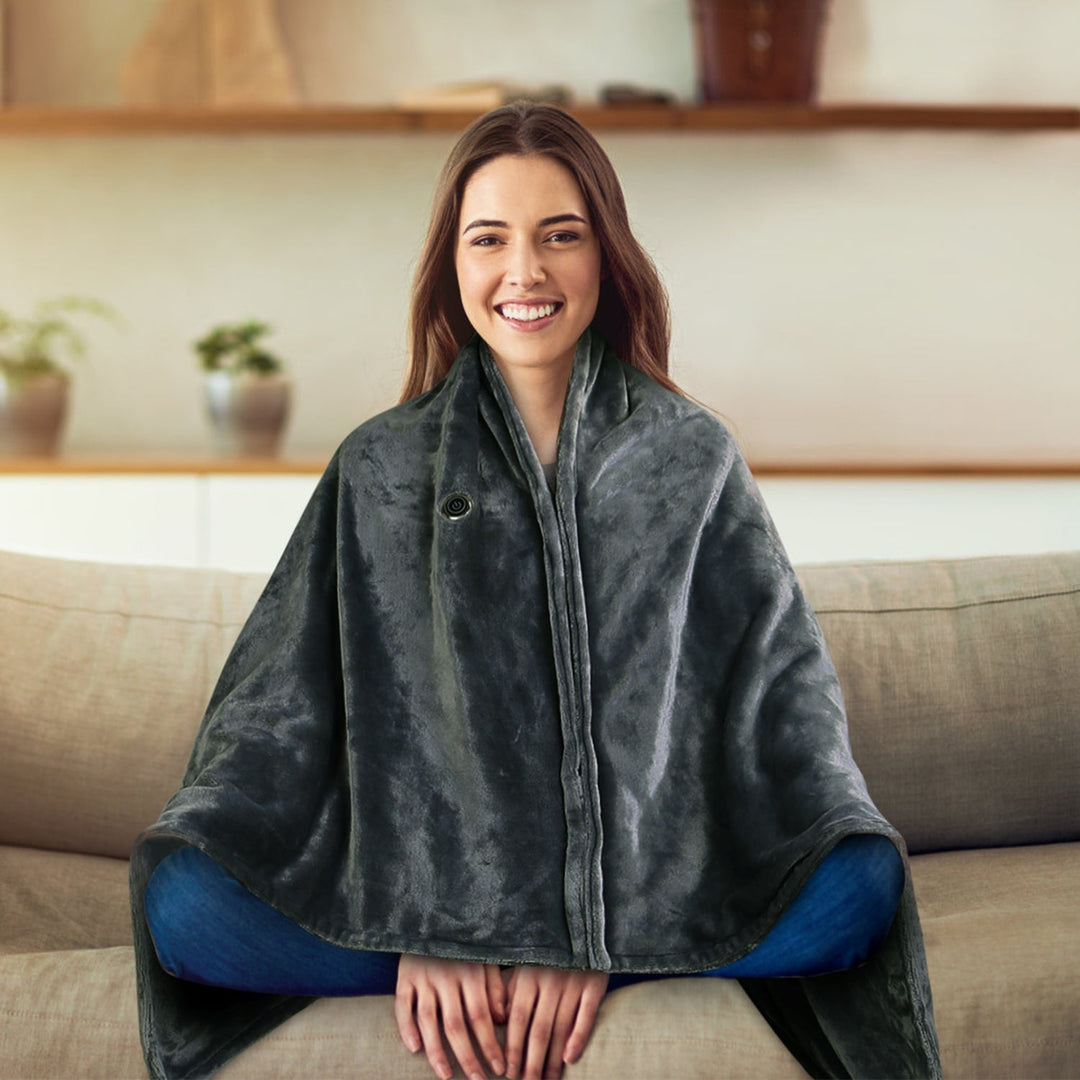 USB Wearable Heated Blanket Shawl with Zipper, 59 x 31 in Flannel Fleece | Cordless USB Shoulder Warmth | Heated Blankets