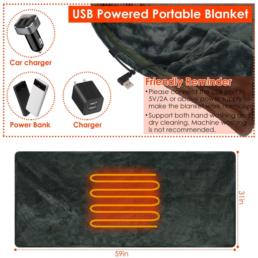USB Wearable Heated Blanket Shawl with Zipper, 59 x 31 in Flannel Fleece | Cordless USB Shoulder Warmth | Heated Blankets
