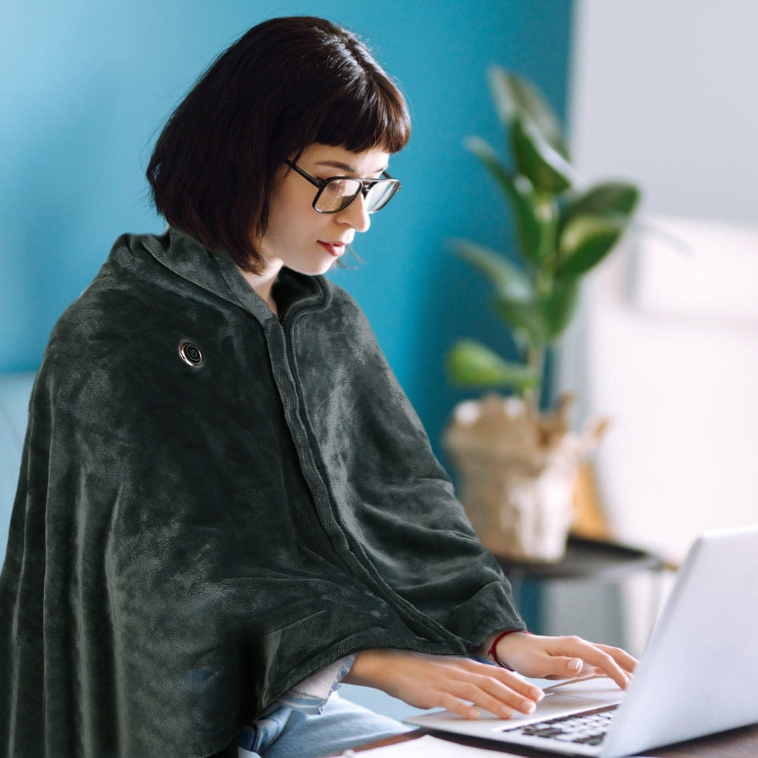 USB Wearable Heated Blanket Shawl with Zipper, 59 x 31 in Flannel Fleece | Cordless USB Shoulder Warmth | Heated Blankets
