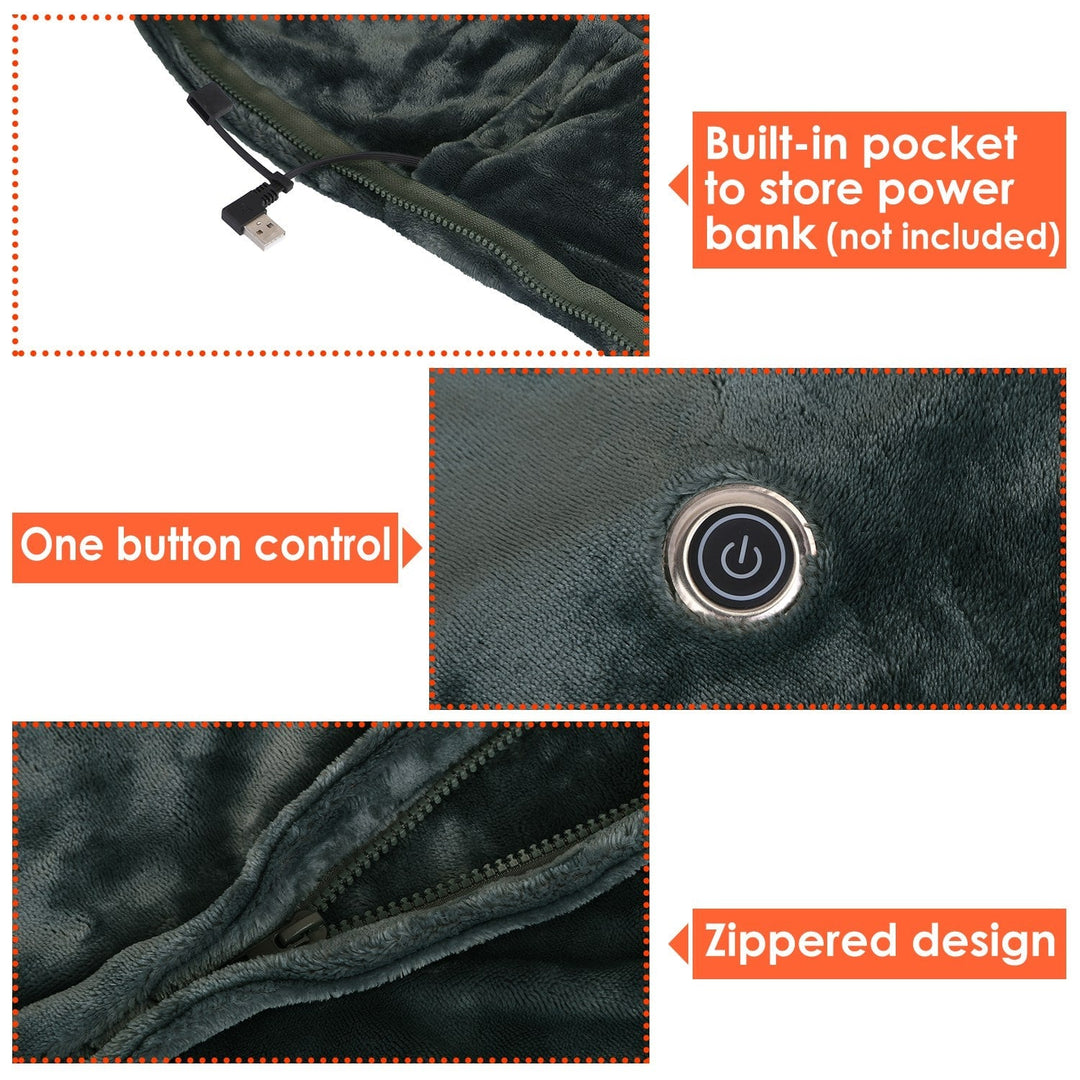 USB Wearable Heated Blanket Shawl with Zipper, 59 x 31 in Flannel Fleece | Cordless USB Shoulder Warmth | Heated Blankets