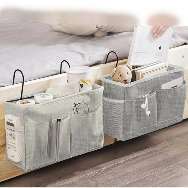 Hanging Bedside Storage Bag in Cotton Linen with Pockets | Keep Essentials Within Reach | Bedside Organizers