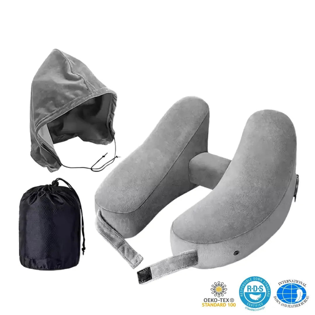 Inflatable H-Type Travel Neck Pillow with Hood and Velvet Cover | Head and Chin Support on Trips | Travel Pillows