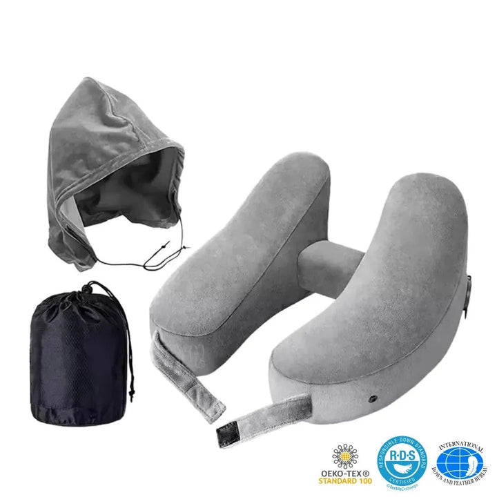 Inflatable H-Type Travel Neck Pillow with Hood and Velvet Cover | Head and Chin Support on Trips | Travel Pillows