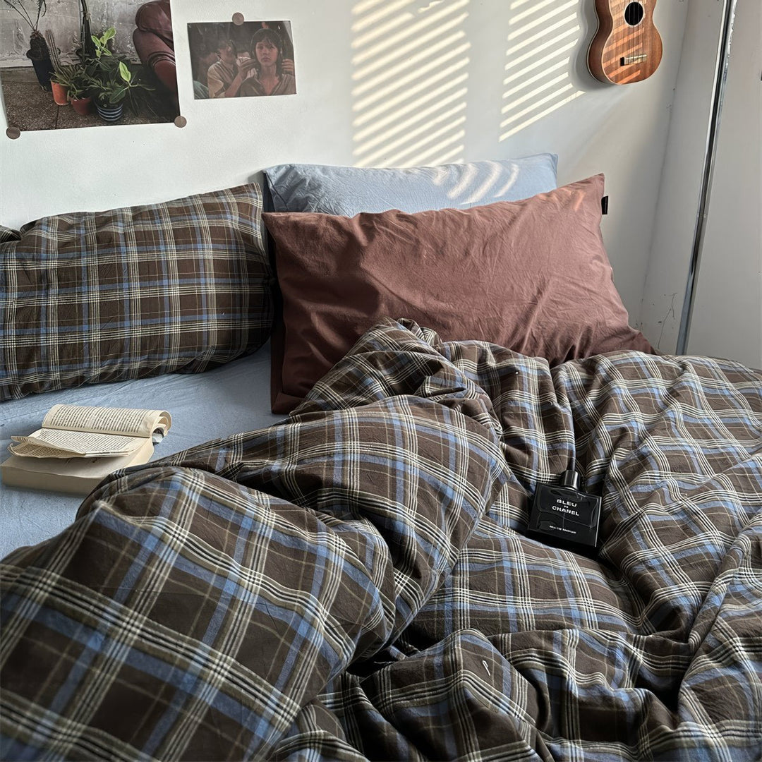 Vintage Brown Plaid Cotton Duvet Cover Set with Light Blue Sheets | Brown Plaid Meets Soft Blue | Bedding Sets