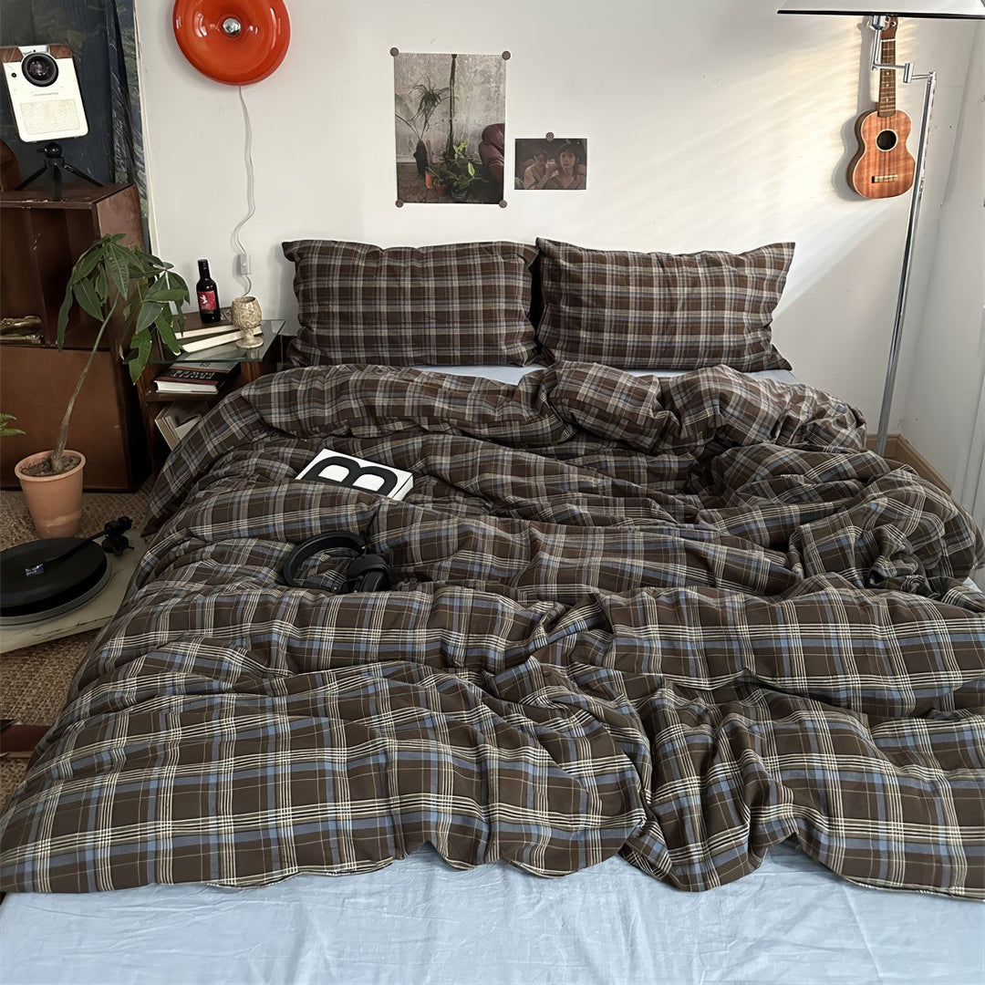 Vintage Brown Plaid Cotton Duvet Cover Set with Light Blue Sheets | Brown Plaid Meets Soft Blue | Bedding Sets