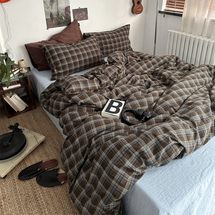 Vintage Brown Plaid Cotton Duvet Cover Set with Light Blue Sheets | Brown Plaid Meets Soft Blue | Bedding Sets