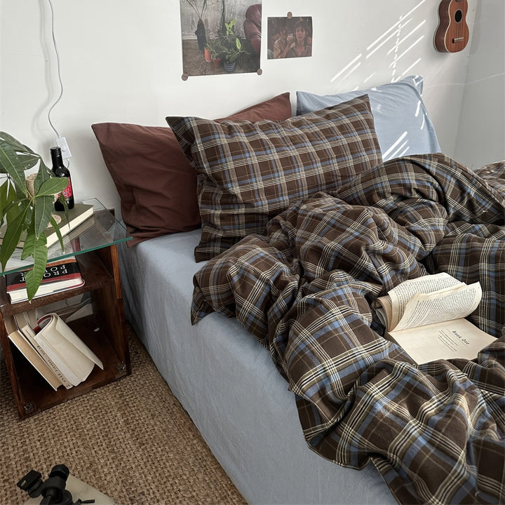 Vintage Brown Plaid Cotton Duvet Cover Set with Light Blue Sheets | Brown Plaid Meets Soft Blue | Bedding Sets