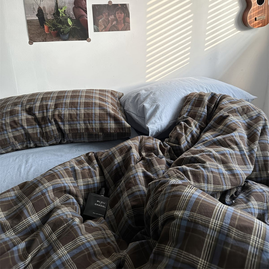 Vintage Brown Plaid Cotton Duvet Cover Set with Light Blue Sheets | Brown Plaid Meets Soft Blue | Bedding Sets