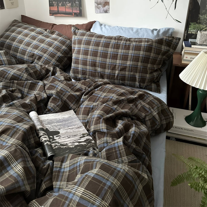 Vintage Brown Plaid Cotton Duvet Cover Set with Light Blue Sheets | Brown Plaid Meets Soft Blue | Bedding Sets