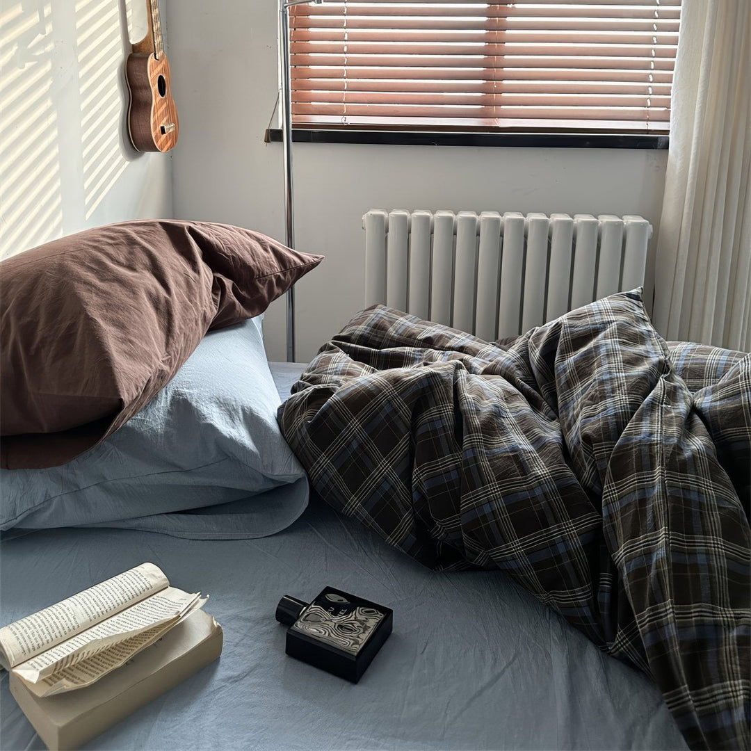 Vintage Brown Plaid Cotton Duvet Cover Set with Light Blue Sheets | Brown Plaid Meets Soft Blue | Bedding Sets