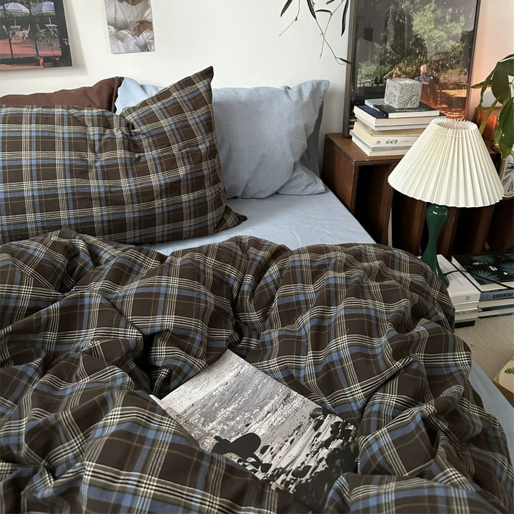 Vintage Brown Plaid Cotton Duvet Cover Set with Light Blue Sheets | Brown Plaid Meets Soft Blue | Bedding Sets